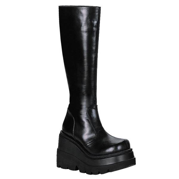 Demonia Women's Shaker-100 Knee High Platform Boots - Black Vegan Leather D1760-32US Clearance
